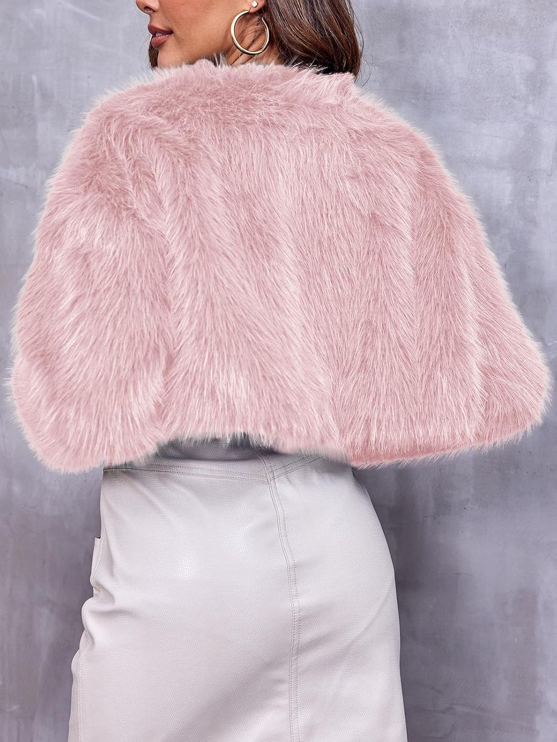 image:imageDanedvi Womens Cropped Faux Fur Jacket Long Sleeve Fluffy Shaggy Short Coat Open Front Cardigan Warm Winter Outerwear Casual Daily Party Wear Cocktail Party Cover Up for DressesPink