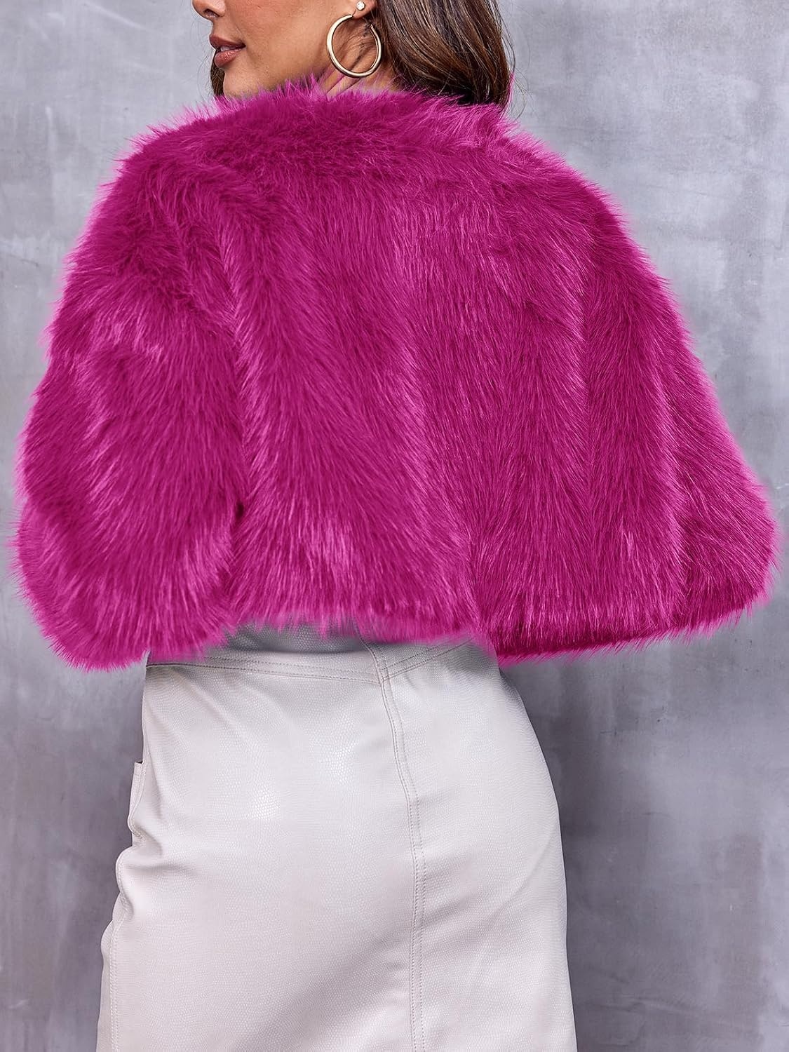 image:imageDanedvi Womens Cropped Faux Fur Jacket Long Sleeve Fluffy Shaggy Short Coat Open Front Cardigan Warm Winter Outerwear Casual Daily Party Wear Cocktail Party Cover Up for DressesRose Red