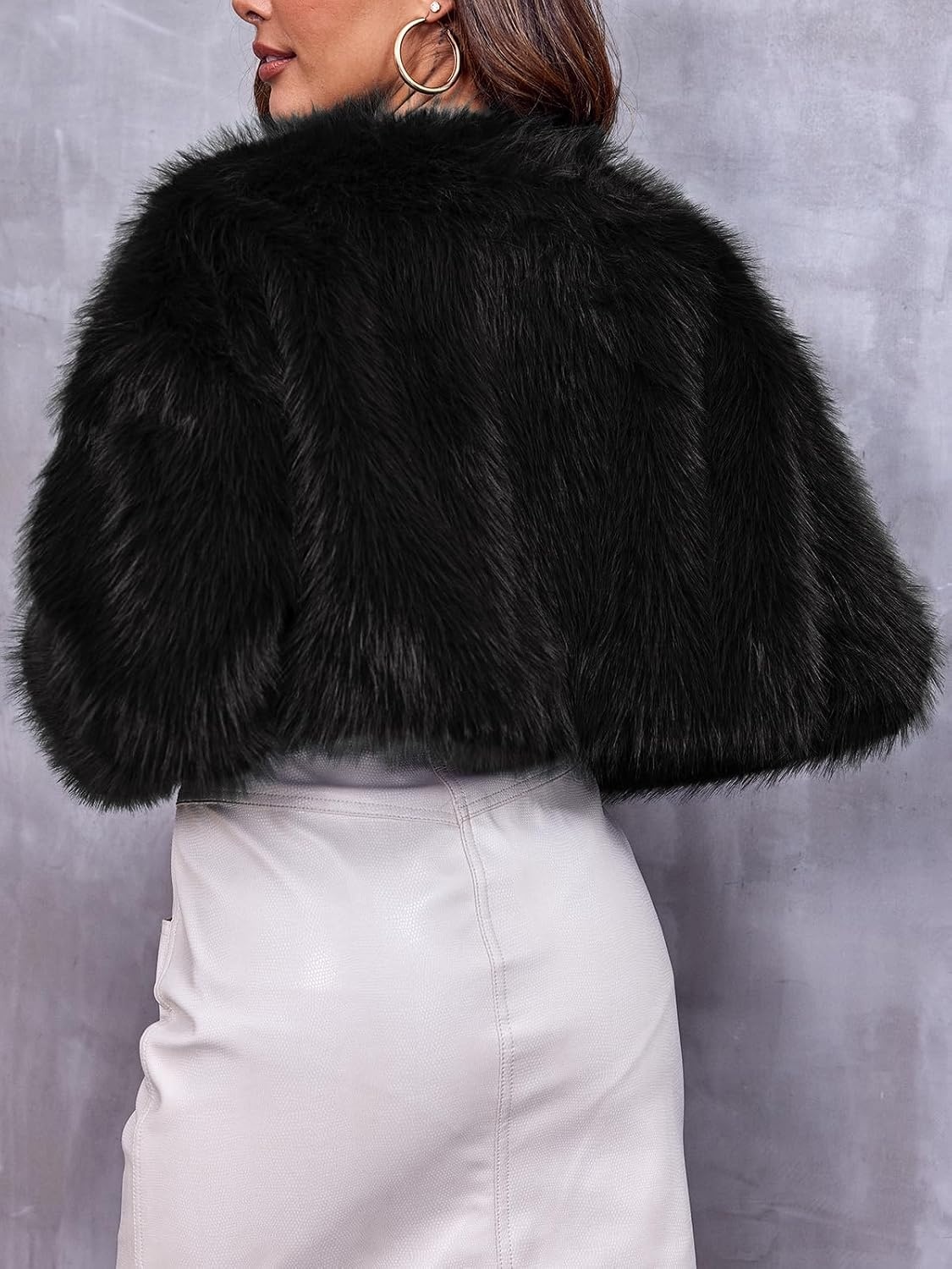 image:imageDanedvi Womens Cropped Faux Fur Jacket Long Sleeve Fluffy Shaggy Short Coat Open Front Cardigan Warm Winter Outerwear Casual Daily Party Wear Cocktail Party Cover Up for DressesBlack