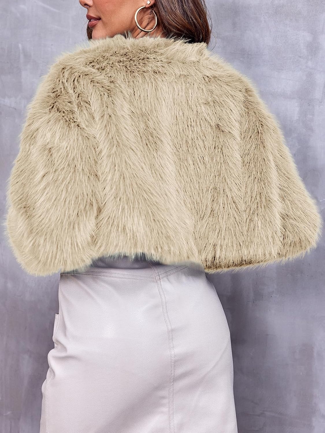 image:imageDanedvi Womens Cropped Faux Fur Jacket Long Sleeve Fluffy Shaggy Short Coat Open Front Cardigan Warm Winter Outerwear Casual Daily Party Wear Cocktail Party Cover Up for DressesKhaki