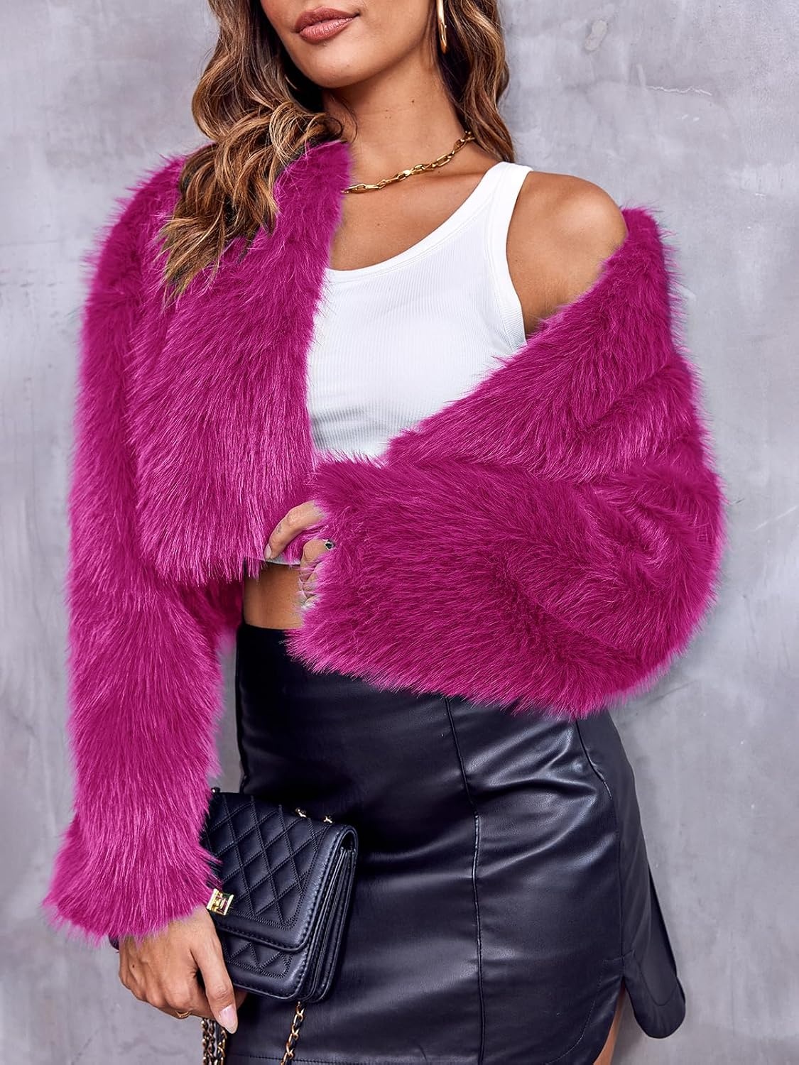 image:imageDanedvi Womens Cropped Faux Fur Jacket Long Sleeve Fluffy Shaggy Short Coat Open Front Cardigan Warm Winter Outerwear Casual Daily Party Wear Cocktail Party Cover Up for DressesRose Red