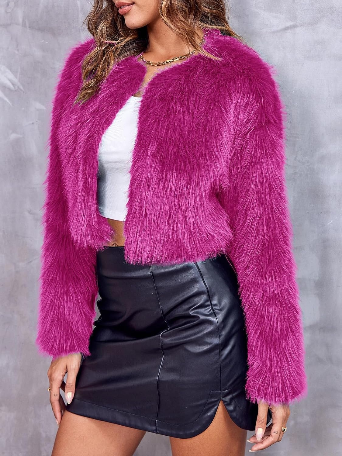 image:imageDanedvi Womens Cropped Faux Fur Jacket Long Sleeve Fluffy Shaggy Short Coat Open Front Cardigan Warm Winter Outerwear Casual Daily Party Wear Cocktail Party Cover Up for DressesRose Red