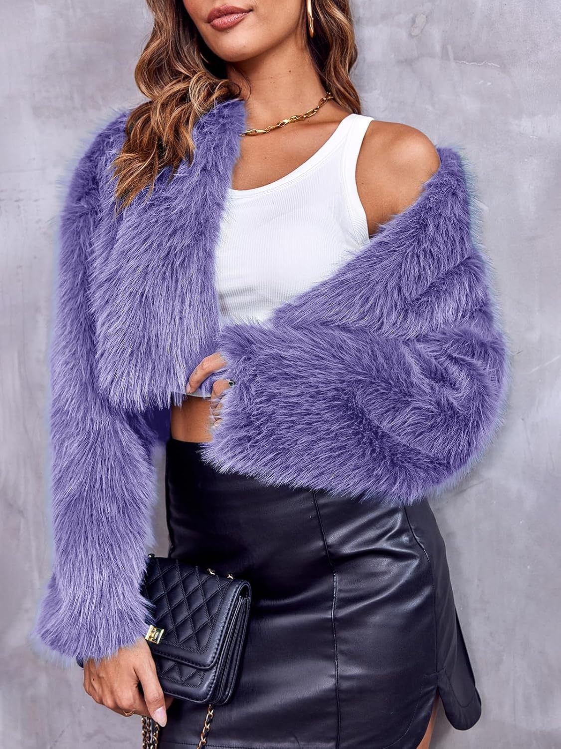 image:imageDanedvi Womens Cropped Faux Fur Jacket Long Sleeve Fluffy Shaggy Short Coat Open Front Cardigan Warm Winter Outerwear Casual Daily Party Wear Cocktail Party Cover Up for DressesPurple