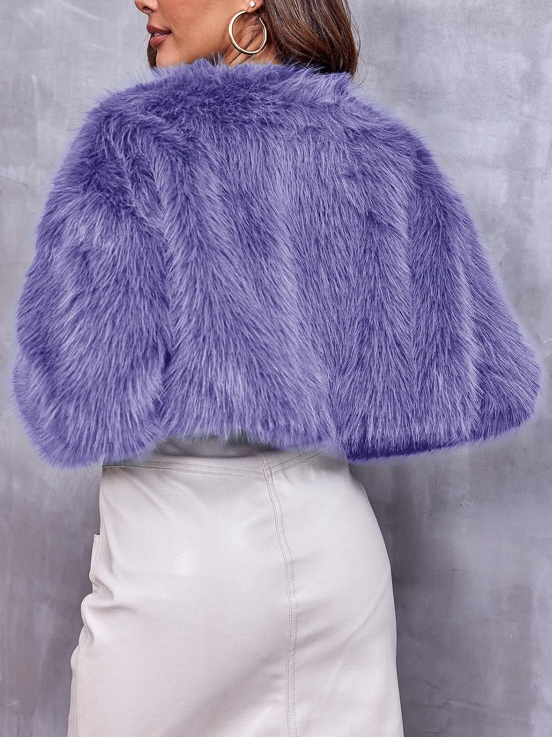 image:imageDanedvi Womens Cropped Faux Fur Jacket Long Sleeve Fluffy Shaggy Short Coat Open Front Cardigan Warm Winter Outerwear Casual Daily Party Wear Cocktail Party Cover Up for DressesPurple