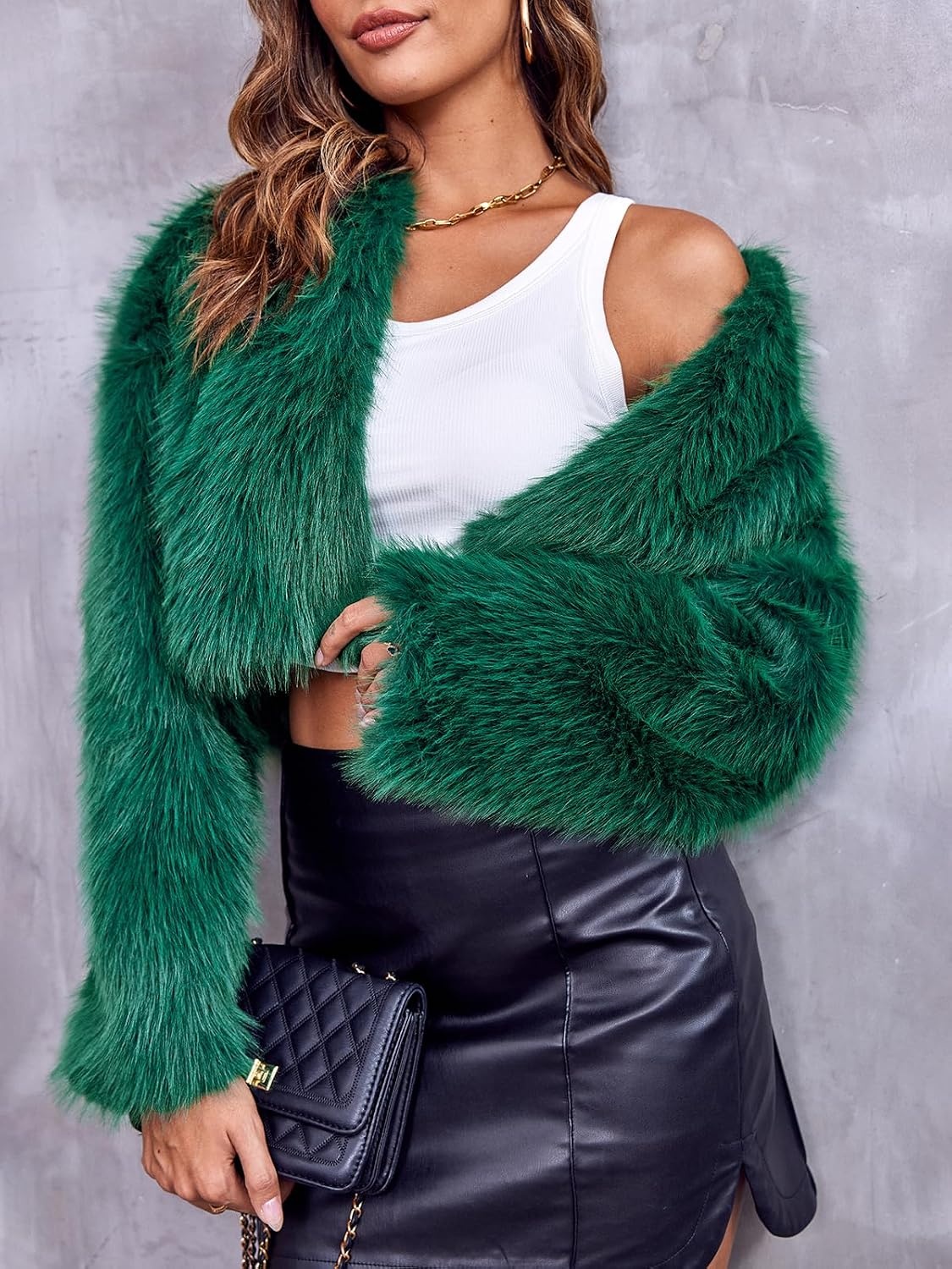 image:imageDanedvi Womens Cropped Faux Fur Jacket Long Sleeve Fluffy Shaggy Short Coat Open Front Cardigan Warm Winter Outerwear Casual Daily Party Wear Cocktail Party Cover Up for DressesDark Green