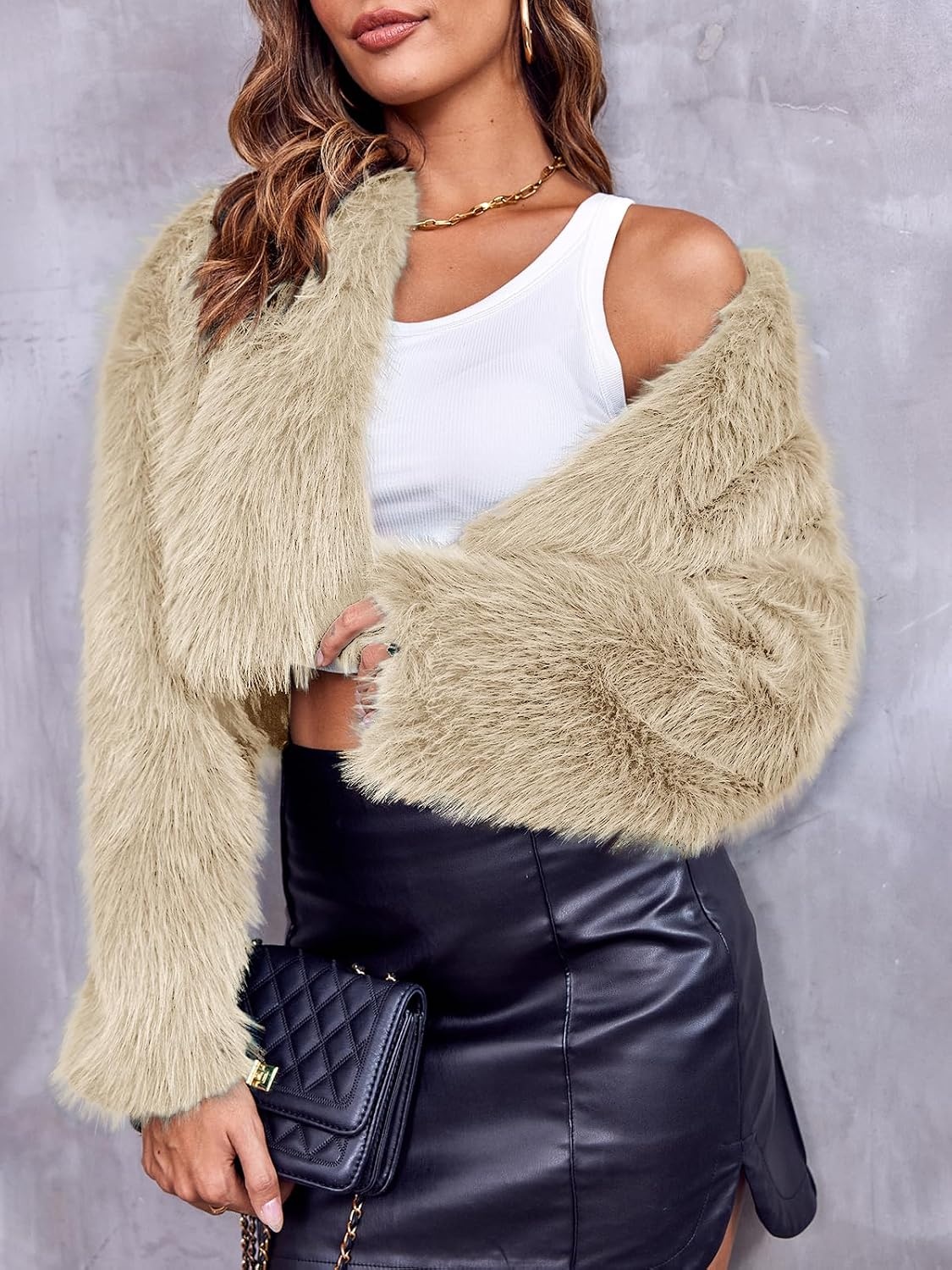 image:imageDanedvi Womens Cropped Faux Fur Jacket Long Sleeve Fluffy Shaggy Short Coat Open Front Cardigan Warm Winter Outerwear Casual Daily Party Wear Cocktail Party Cover Up for DressesKhaki