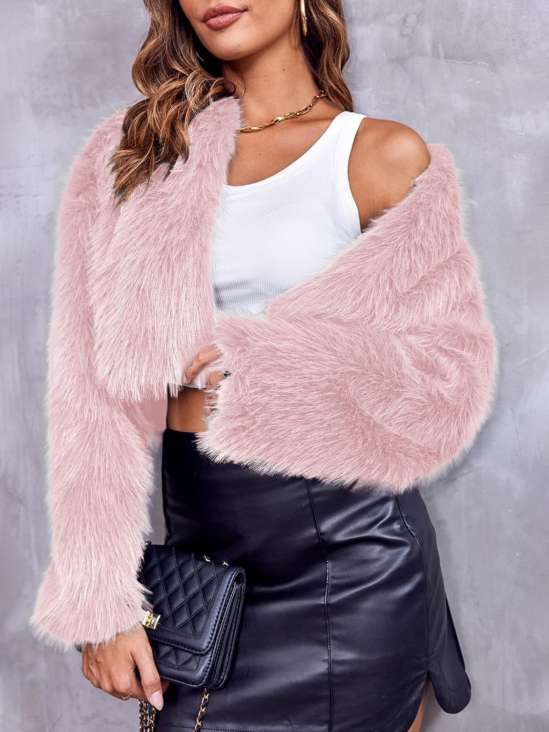 image:imageDanedvi Womens Cropped Faux Fur Jacket Long Sleeve Fluffy Shaggy Short Coat Open Front Cardigan Warm Winter Outerwear Casual Daily Party Wear Cocktail Party Cover Up for DressesPink