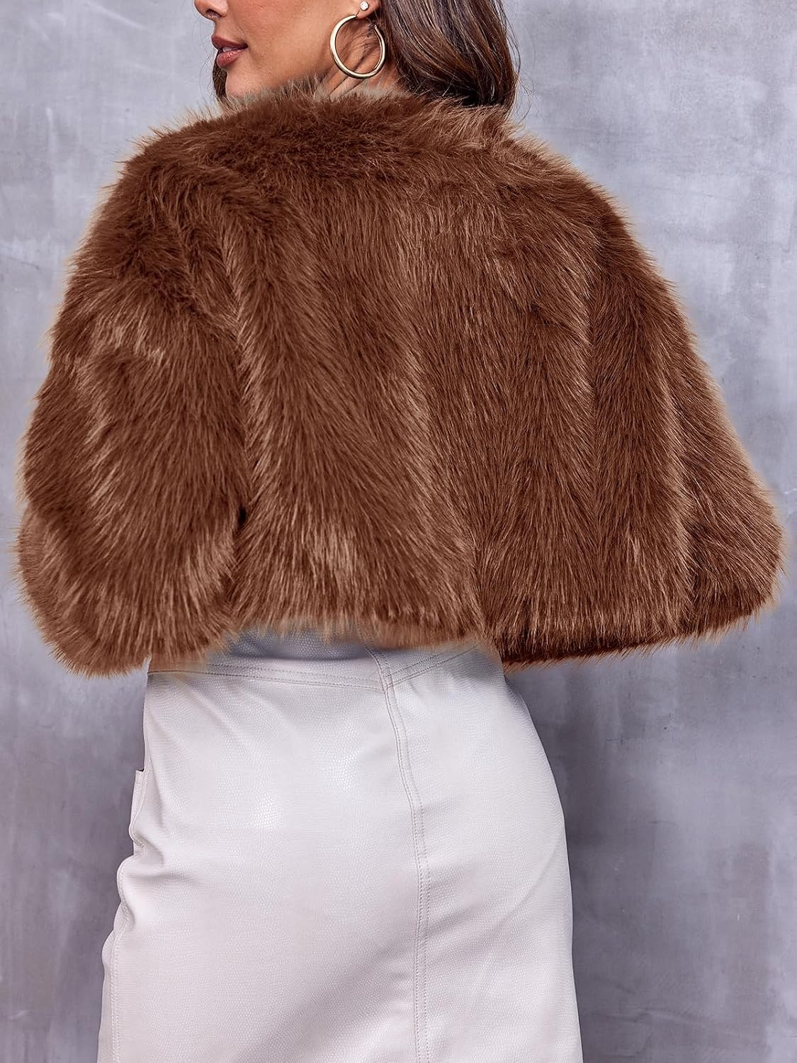 image:imageDanedvi Womens Cropped Faux Fur Jacket Long Sleeve Fluffy Shaggy Short Coat Open Front Cardigan Warm Winter Outerwear Casual Daily Party Wear Cocktail Party Cover Up for DressesBrown