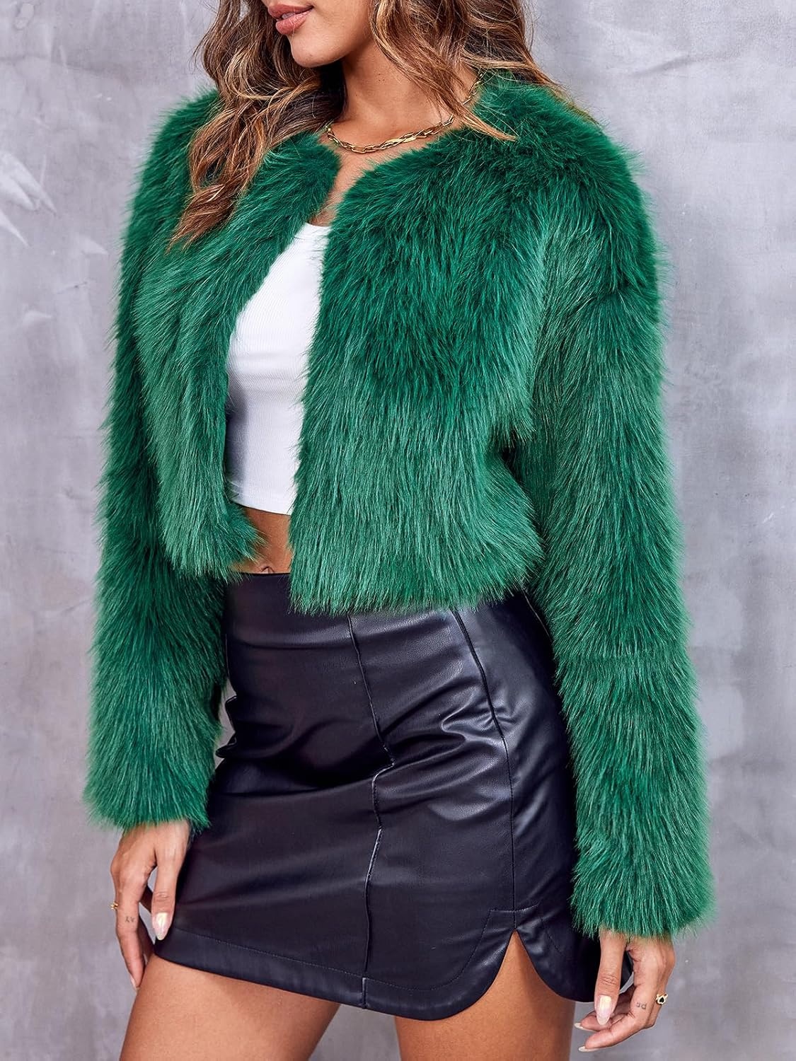image:imageDanedvi Womens Cropped Faux Fur Jacket Long Sleeve Fluffy Shaggy Short Coat Open Front Cardigan Warm Winter Outerwear Casual Daily Party Wear Cocktail Party Cover Up for DressesDark Green