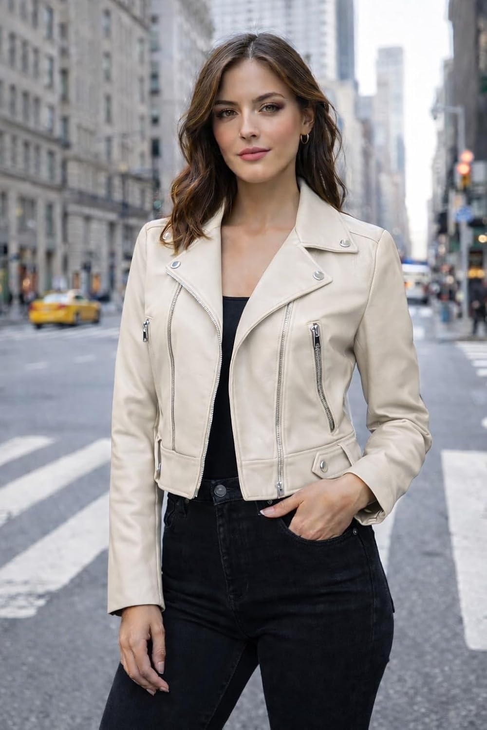 image:imageDesign by Olivia Womens Long Sleeve Zipper Closure Moto Biker Faux Leather JacketA White