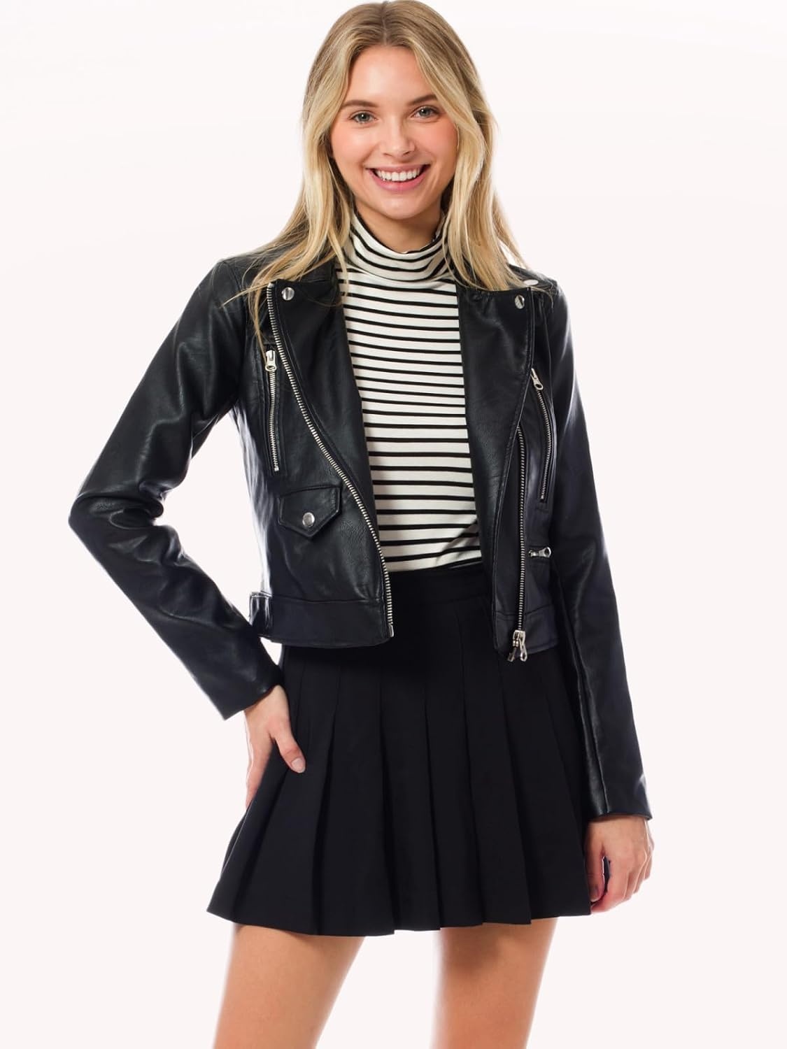 image:imageDesign by Olivia Womens Long Sleeve Zipper Closure Moto Biker Faux Leather JacketBlack2