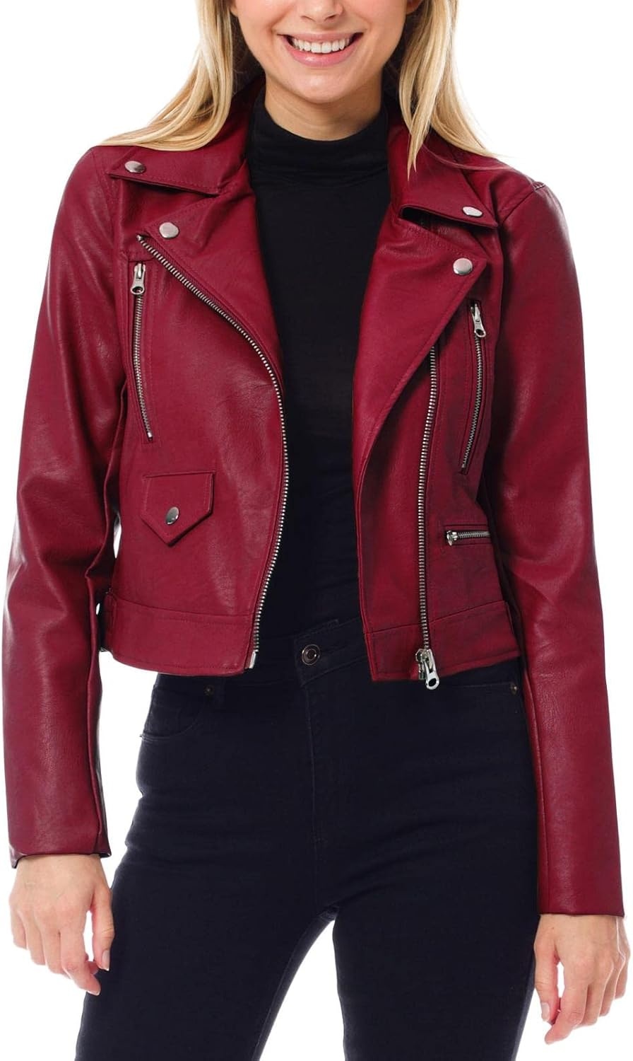 image:imageDesign by Olivia Womens Long Sleeve Zipper Closure Moto Biker Faux Leather JacketBurgundy