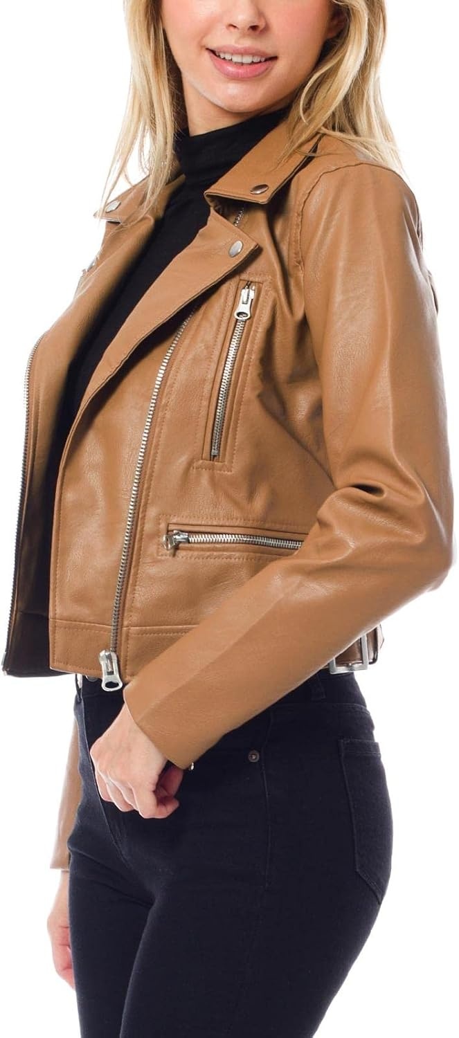 image:imageDesign by Olivia Womens Long Sleeve Zipper Closure Moto Biker Faux Leather JacketCamel