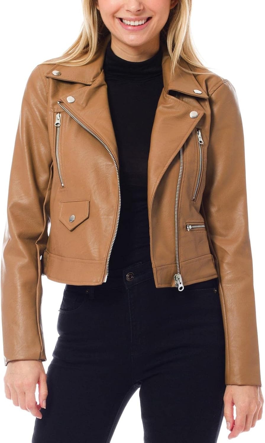 image:imageDesign by Olivia Womens Long Sleeve Zipper Closure Moto Biker Faux Leather JacketCamel