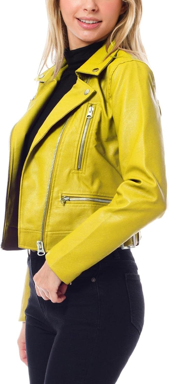 image:imageDesign by Olivia Womens Long Sleeve Zipper Closure Moto Biker Faux Leather JacketLime