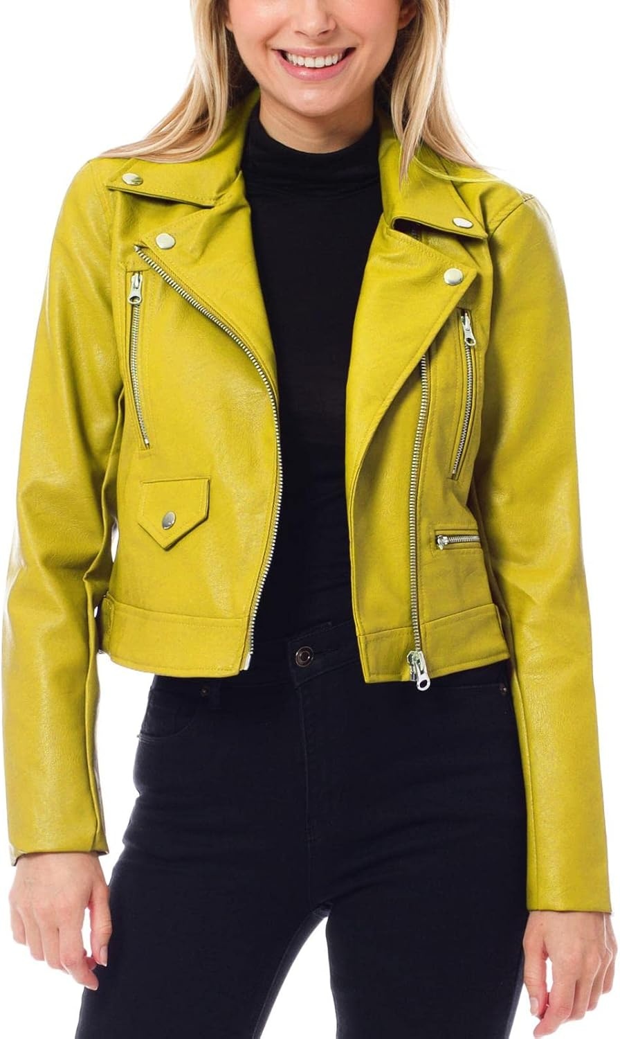 image:imageDesign by Olivia Womens Long Sleeve Zipper Closure Moto Biker Faux Leather JacketLime