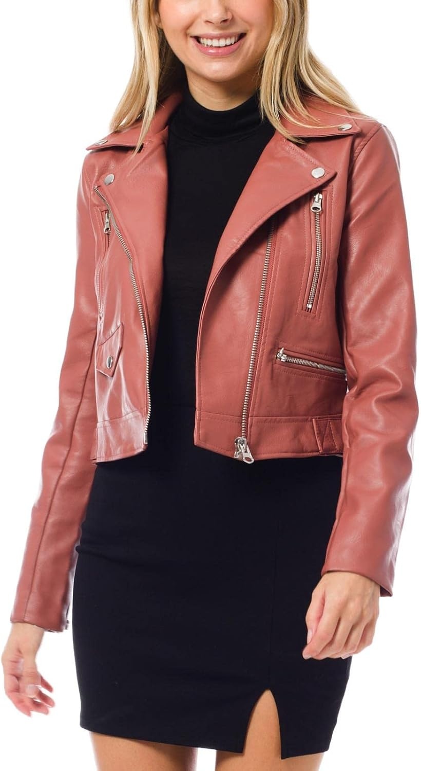 image:imageDesign by Olivia Womens Long Sleeve Zipper Closure Moto Biker Faux Leather JacketMauve