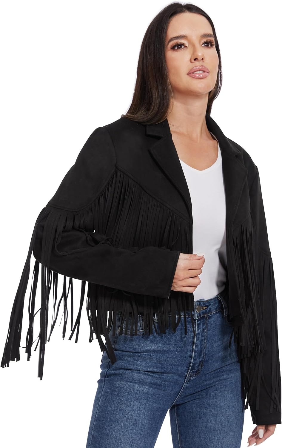 image:imageFahsyee Women Fringe Leather Jacket Faux Suede Cowgirl Outfits Boho Western Cropped Coat Country Concert WearBlack