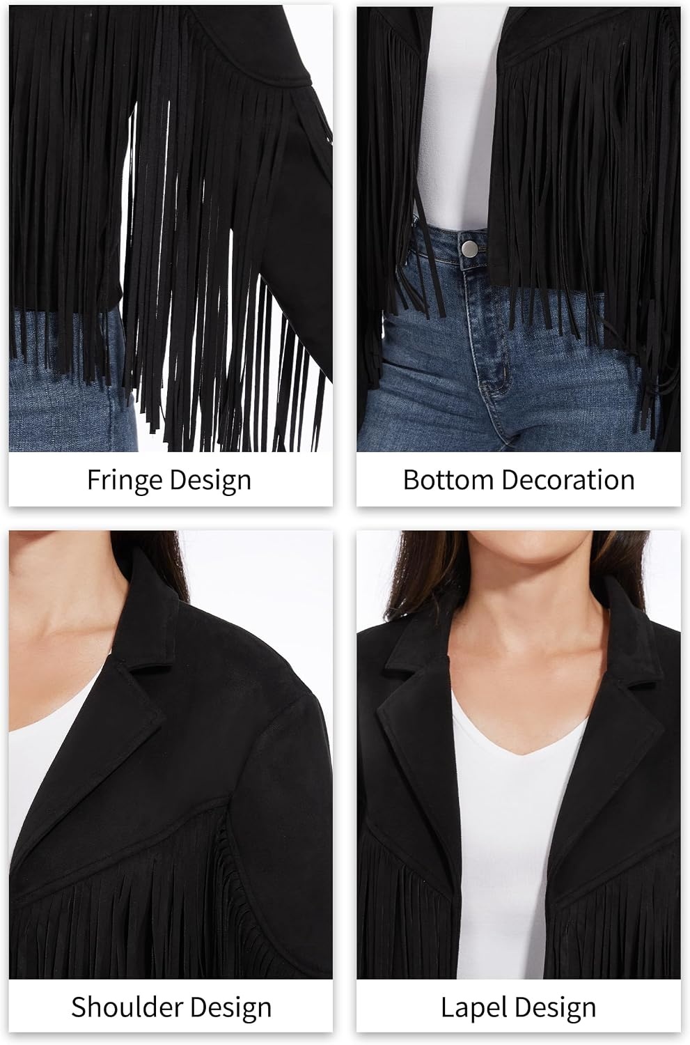 image:imageFahsyee Women Fringe Leather Jacket Faux Suede Cowgirl Outfits Boho Western Cropped Coat Country Concert WearBlack