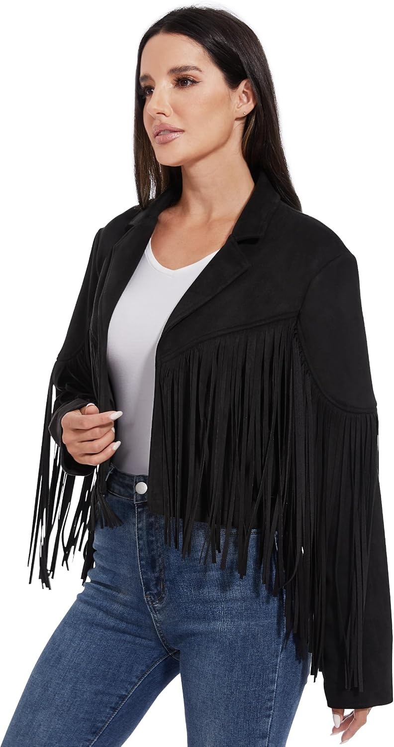 image:imageFahsyee Women Fringe Leather Jacket Faux Suede Cowgirl Outfits Boho Western Cropped Coat Country Concert WearBlack