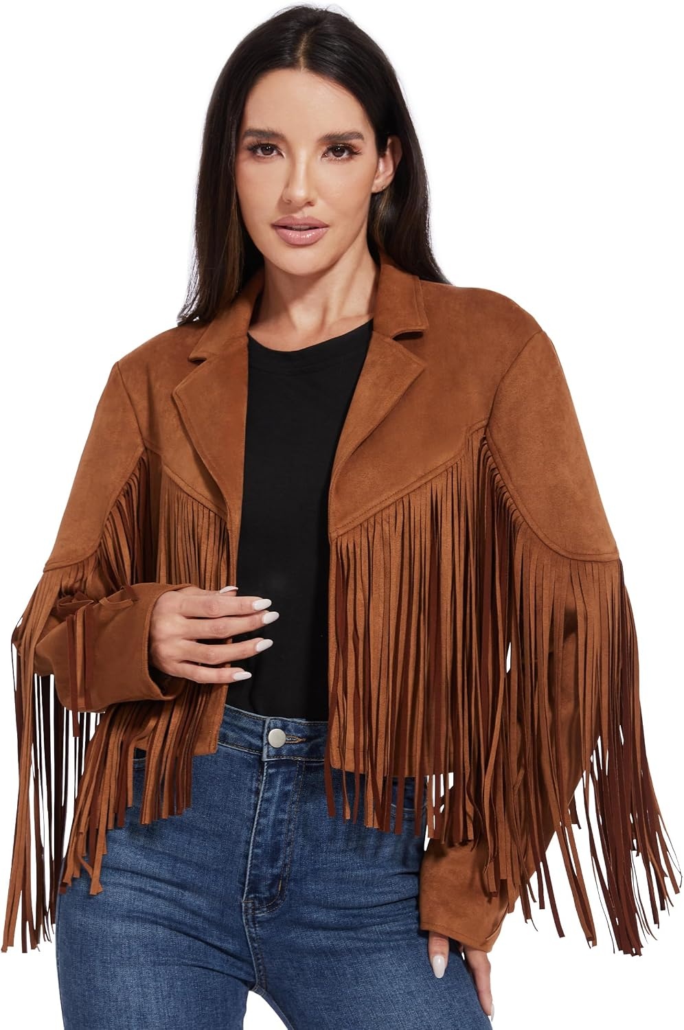 image:imageFahsyee Women Fringe Leather Jacket Faux Suede Cowgirl Outfits Boho Western Cropped Coat Country Concert WearBrown