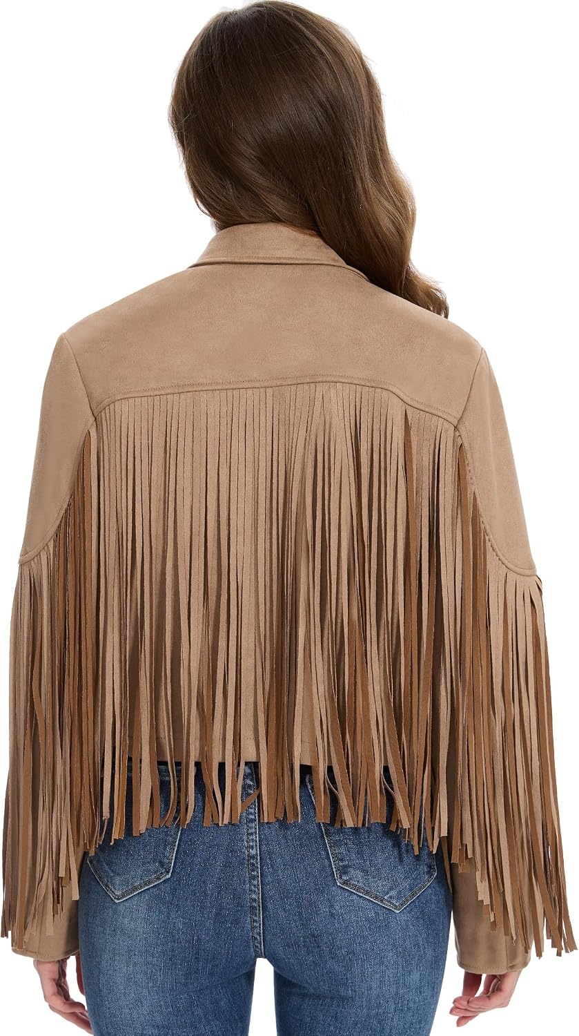 image:imageFahsyee Women Fringe Leather Jacket Faux Suede Cowgirl Outfits Boho Western Cropped Coat Country Concert WearCamel