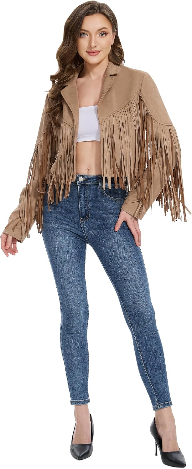 image:imageFahsyee Women Fringe Leather Jacket Faux Suede Cowgirl Outfits Boho Western Cropped Coat Country Concert WearCamel