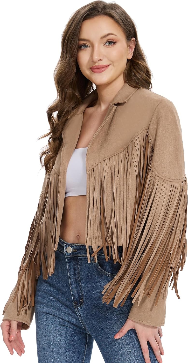 image:imageFahsyee Women Fringe Leather Jacket Faux Suede Cowgirl Outfits Boho Western Cropped Coat Country Concert WearCamel