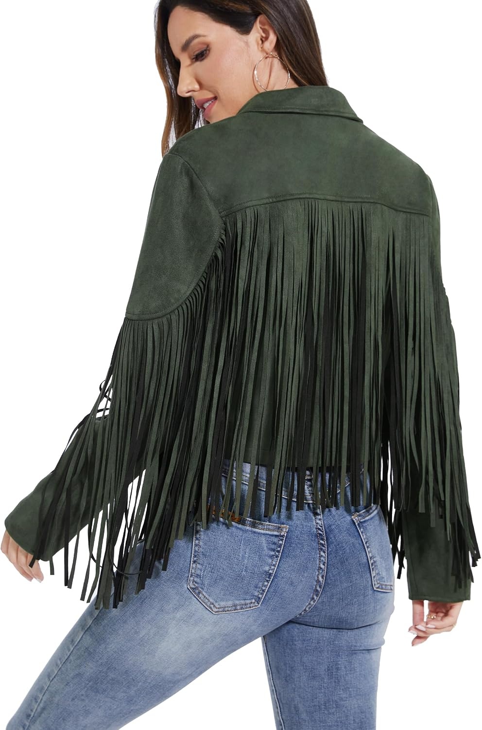 image:imageFahsyee Women Fringe Leather Jacket Faux Suede Cowgirl Outfits Boho Western Cropped Coat Country Concert WearGreen