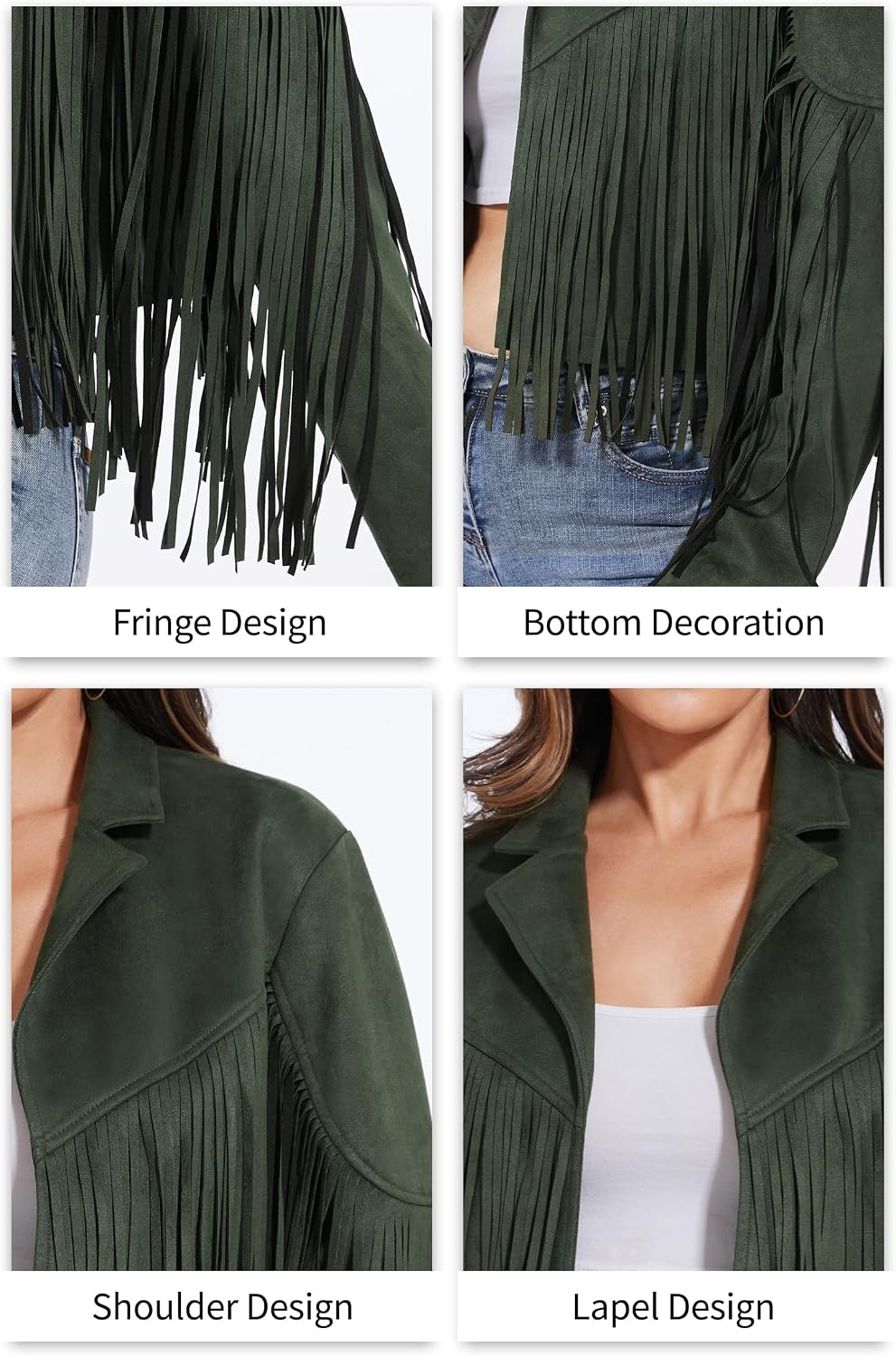 image:imageFahsyee Women Fringe Leather Jacket Faux Suede Cowgirl Outfits Boho Western Cropped Coat Country Concert WearGreen