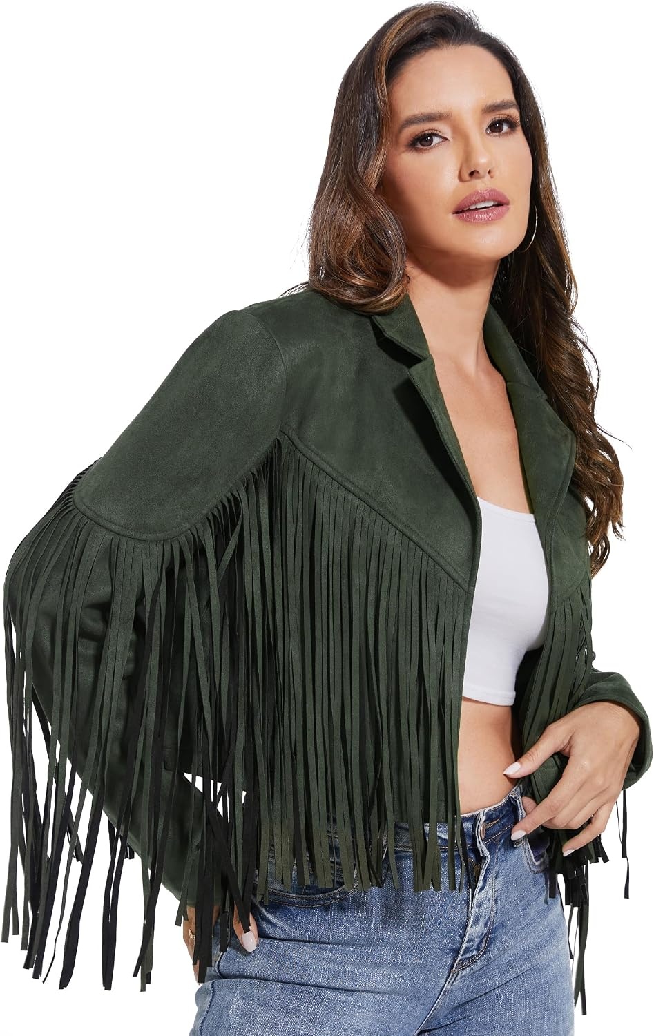 image:imageFahsyee Women Fringe Leather Jacket Faux Suede Cowgirl Outfits Boho Western Cropped Coat Country Concert WearGreen