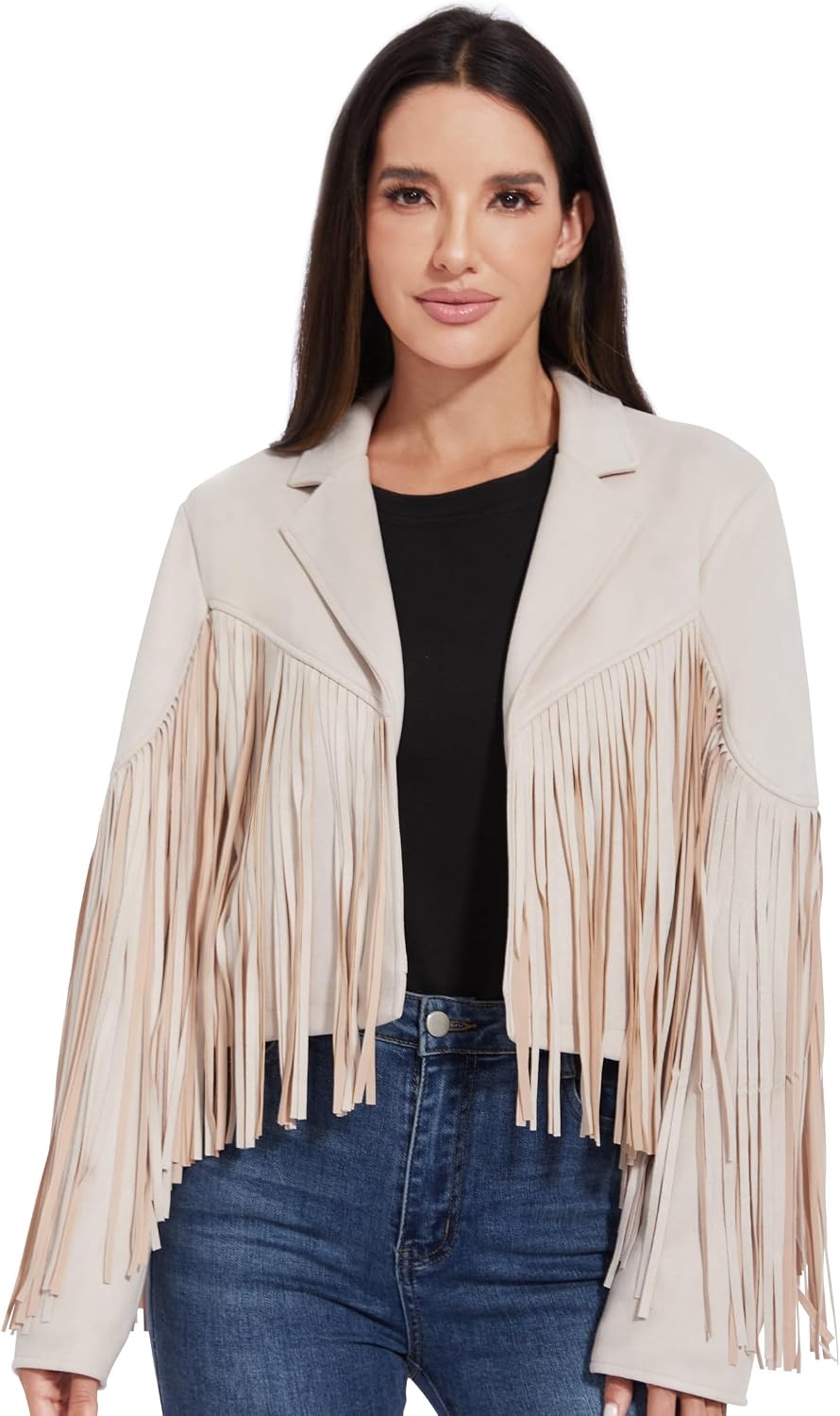 image:imageFahsyee Women Fringe Leather Jacket Faux Suede Cowgirl Outfits Boho Western Cropped Coat Country Concert WearWhite