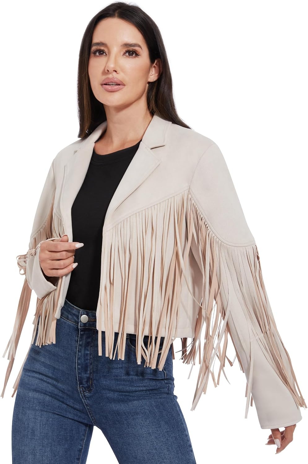 image:imageFahsyee Women Fringe Leather Jacket Faux Suede Cowgirl Outfits Boho Western Cropped Coat Country Concert WearWhite