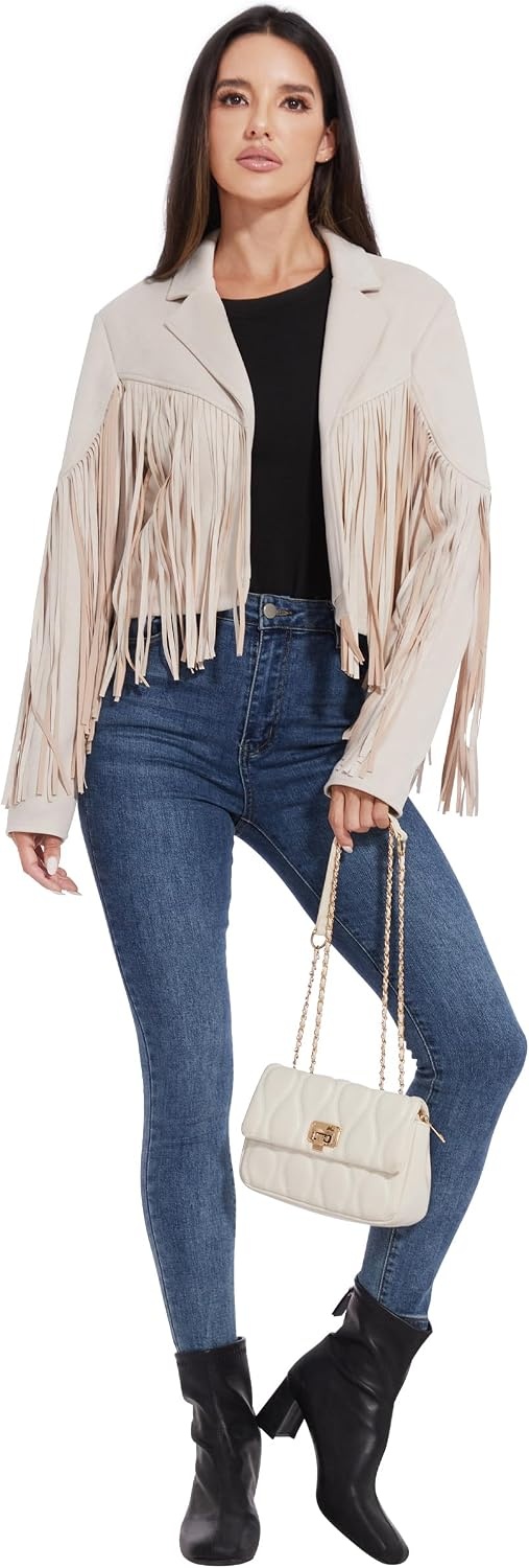 image:imageFahsyee Women Fringe Leather Jacket Faux Suede Cowgirl Outfits Boho Western Cropped Coat Country Concert WearWhite