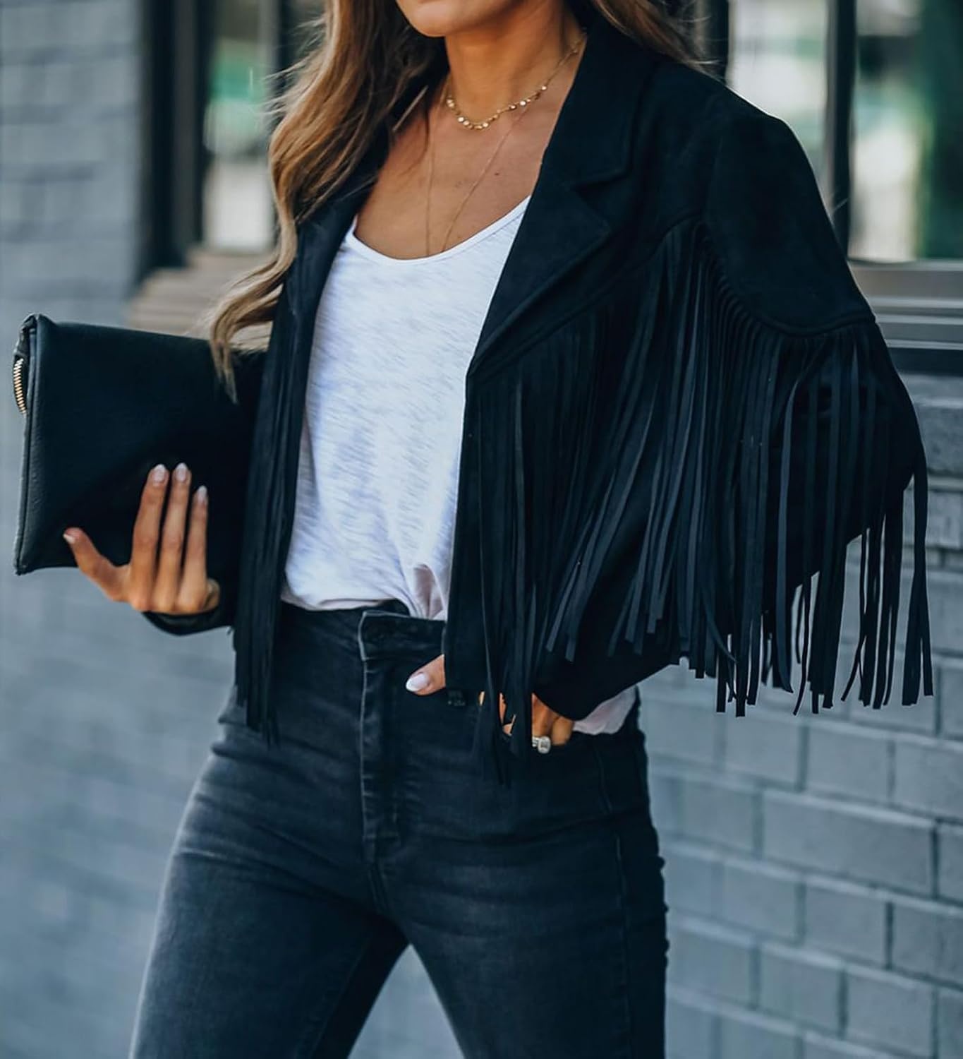 image:imageFaux Suede Leather Jackets For Women Trendy Fall Western Fringe Cropped Jacket 2026 Tassel Motorcycle Crop CoatsBlack
