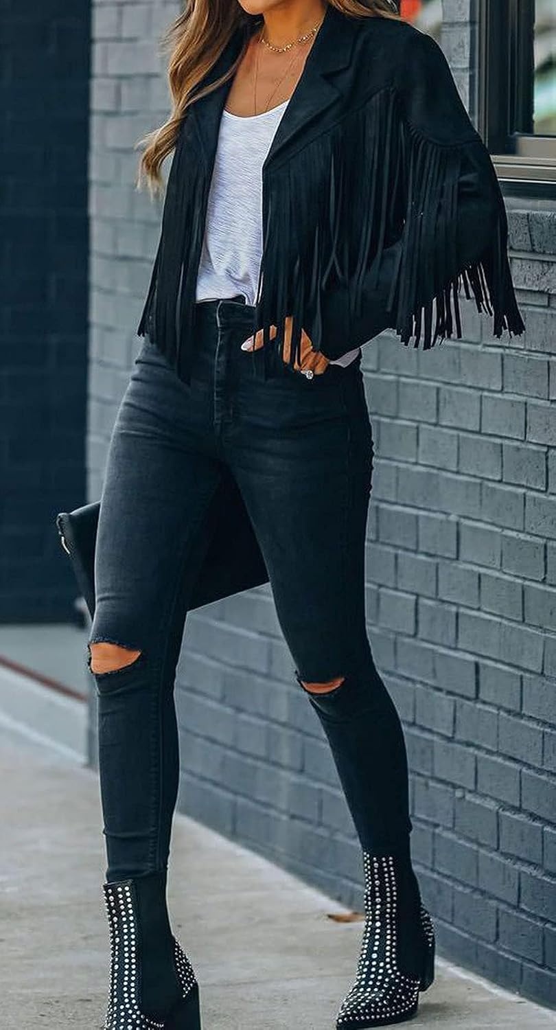 image:imageFaux Suede Leather Jackets For Women Trendy Fall Western Fringe Cropped Jacket 2026 Tassel Motorcycle Crop CoatsBlack