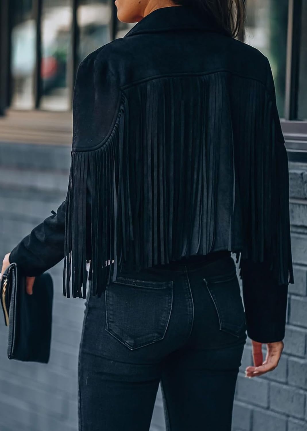 image:imageFaux Suede Leather Jackets For Women Trendy Fall Western Fringe Cropped Jacket 2026 Tassel Motorcycle Crop CoatsBlack