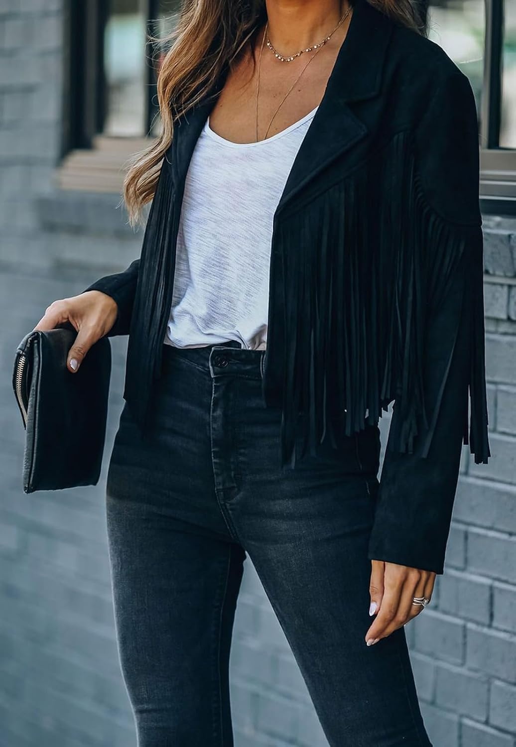 image:imageFaux Suede Leather Jackets For Women Trendy Fall Western Fringe Cropped Jacket 2026 Tassel Motorcycle Crop CoatsBlack