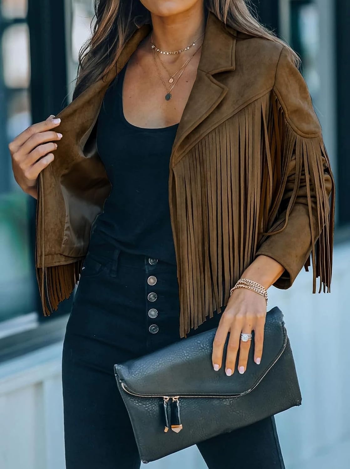 image:imageFaux Suede Leather Jackets For Women Trendy Fall Western Fringe Cropped Jacket 2026 Tassel Motorcycle Crop CoatsDark Brown