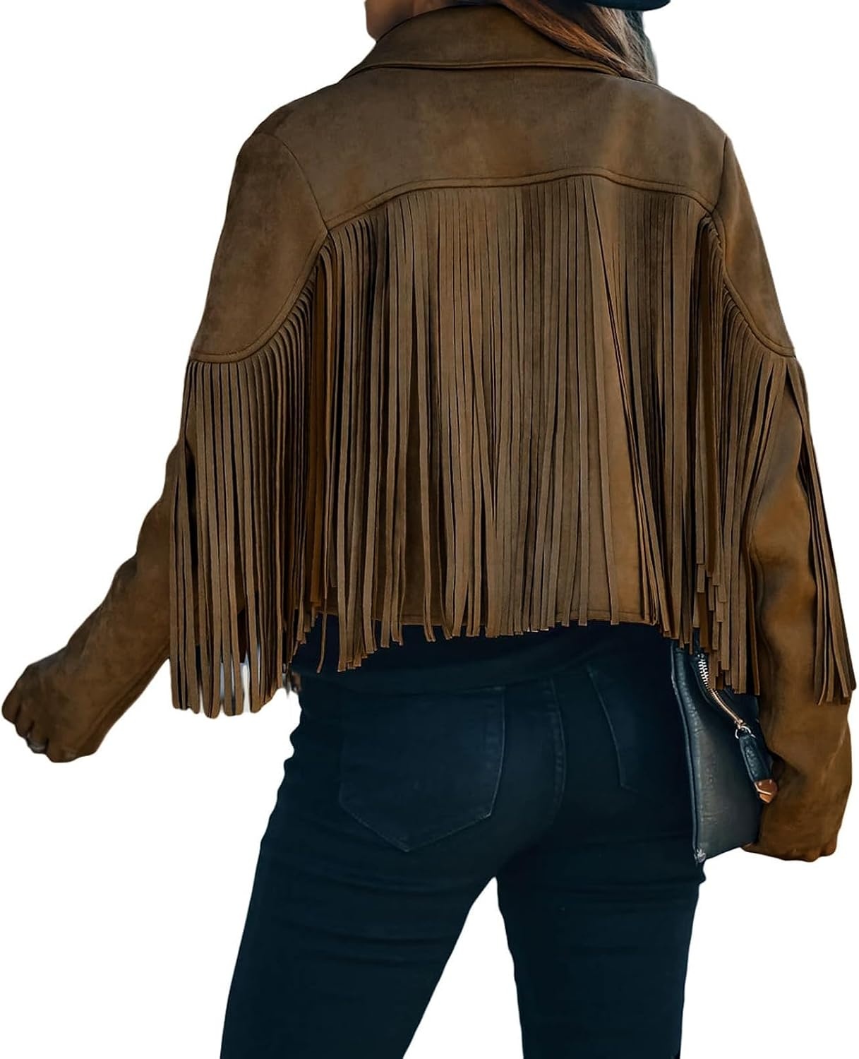 image:imageFaux Suede Leather Jackets For Women Trendy Fall Western Fringe Cropped Jacket 2026 Tassel Motorcycle Crop CoatsDark Brown