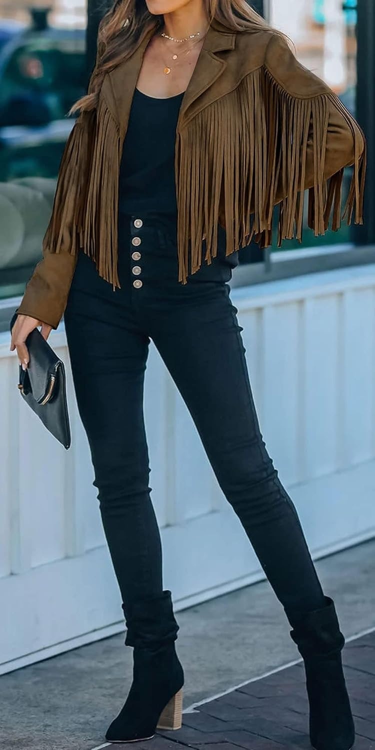image:imageFaux Suede Leather Jackets For Women Trendy Fall Western Fringe Cropped Jacket 2026 Tassel Motorcycle Crop CoatsDark Brown