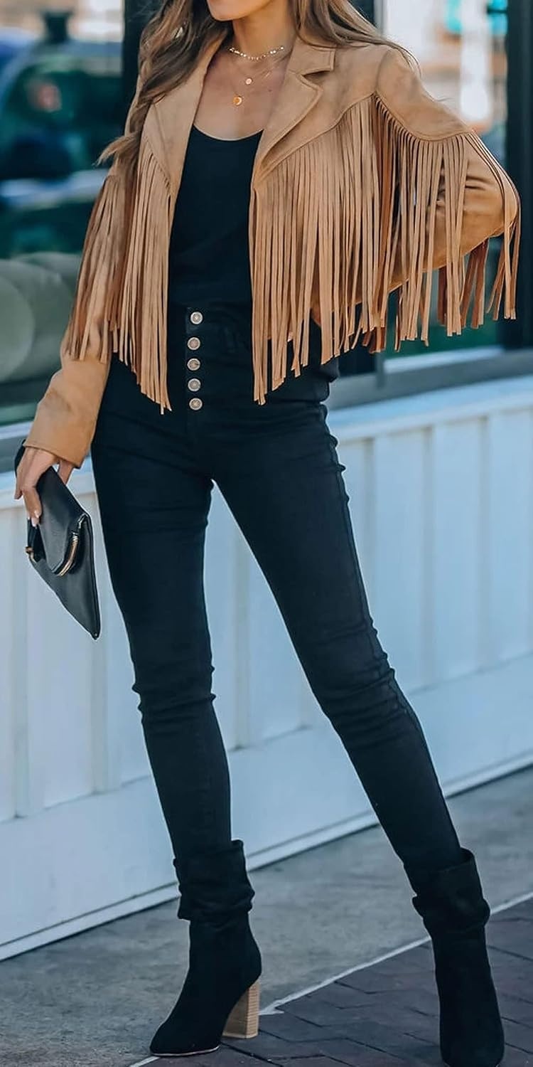 image:imageFaux Suede Leather Jackets For Women Trendy Fall Western Fringe Cropped Jacket 2026 Tassel Motorcycle Crop CoatsDark Khaki