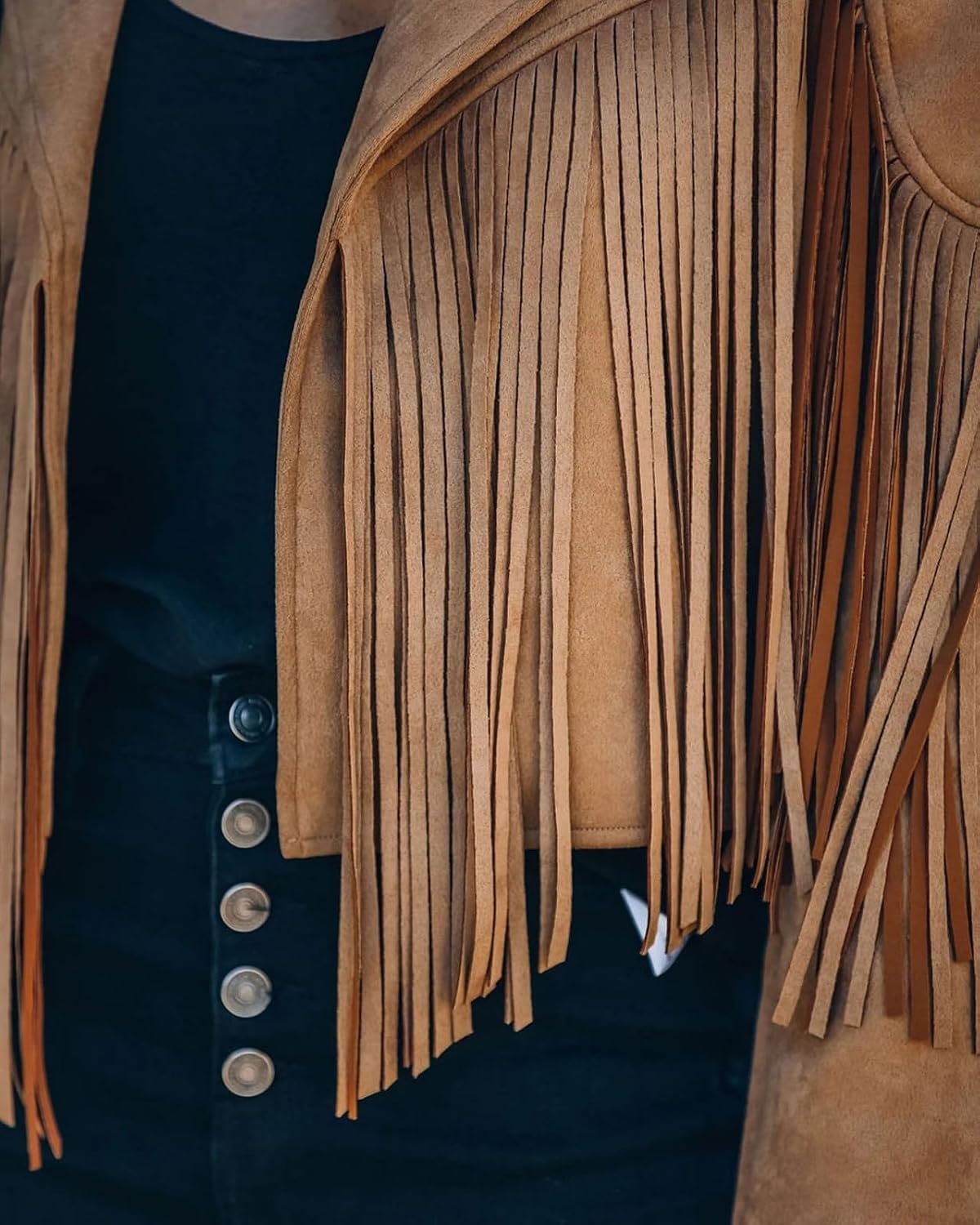 image:imageFaux Suede Leather Jackets For Women Trendy Fall Western Fringe Cropped Jacket 2026 Tassel Motorcycle Crop CoatsDark Khaki