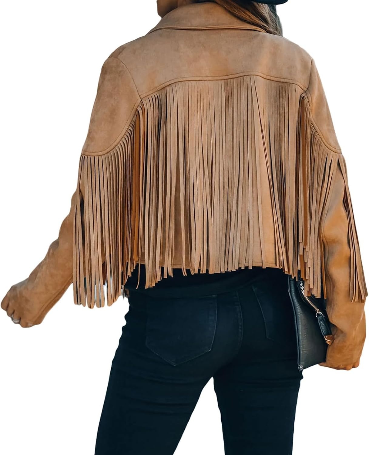 image:imageFaux Suede Leather Jackets For Women Trendy Fall Western Fringe Cropped Jacket 2026 Tassel Motorcycle Crop CoatsDark Khaki