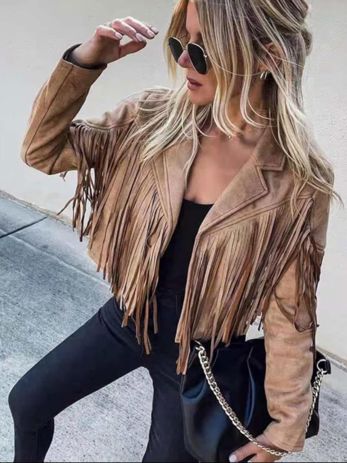 image:imageFaux Suede Leather Jackets For Women Trendy Fall Western Fringe Cropped Jacket 2026 Tassel Motorcycle Crop CoatsDark Khaki