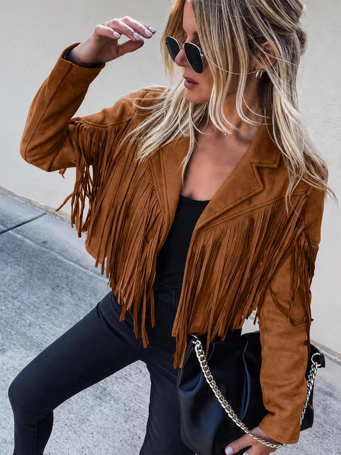 image:imageFaux Suede Leather Jackets For Women Trendy Fall Western Fringe Cropped Jacket 2026 Tassel Motorcycle Crop CoatsTan