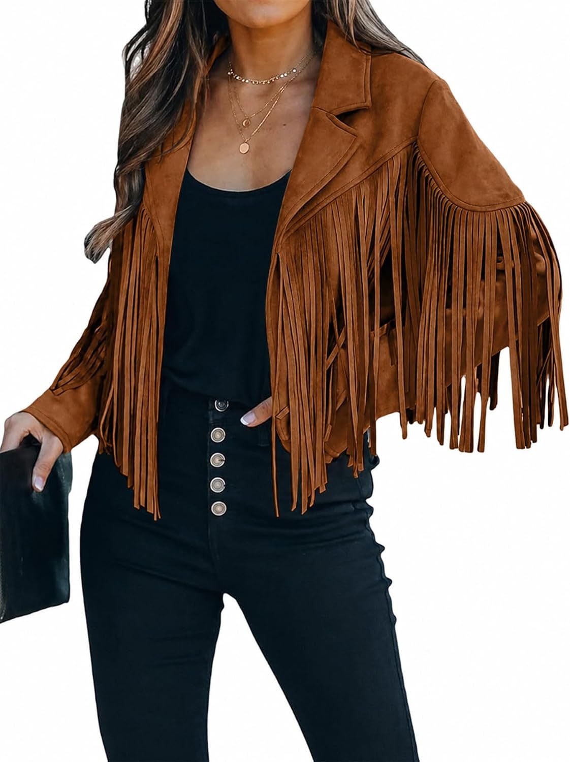 image:imageFaux Suede Leather Jackets For Women Trendy Fall Western Fringe Cropped Jacket 2026 Tassel Motorcycle Crop CoatsTan