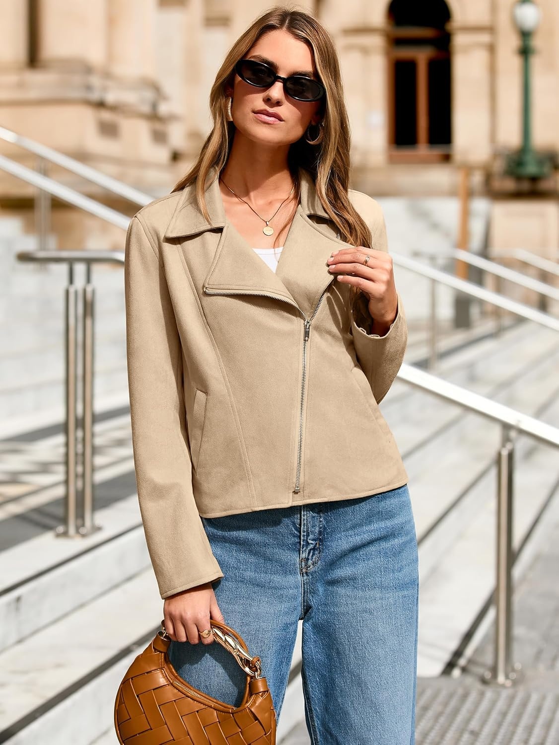 image:imageGlamaker Womens Faux Suede Jackets Long Sleeve Casual Cropped Zipper Biker Moto Jacket Fall Winter OutfitsKhaki