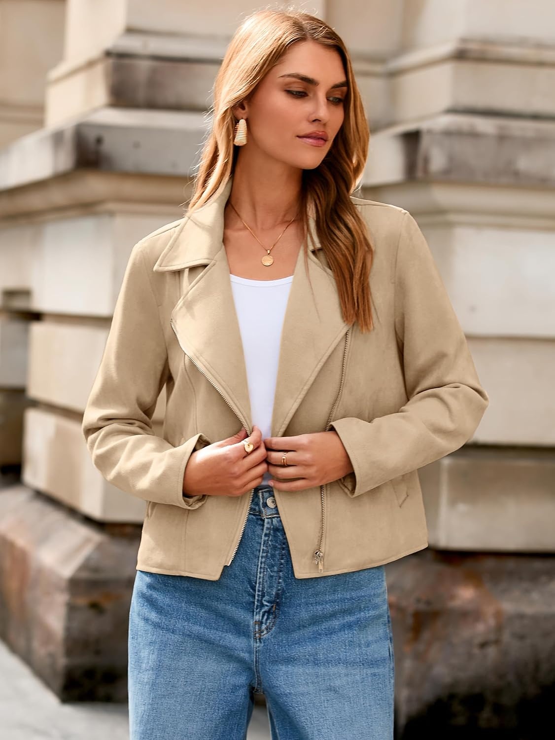 image:imageGlamaker Womens Faux Suede Jackets Long Sleeve Casual Cropped Zipper Biker Moto Jacket Fall Winter OutfitsKhaki