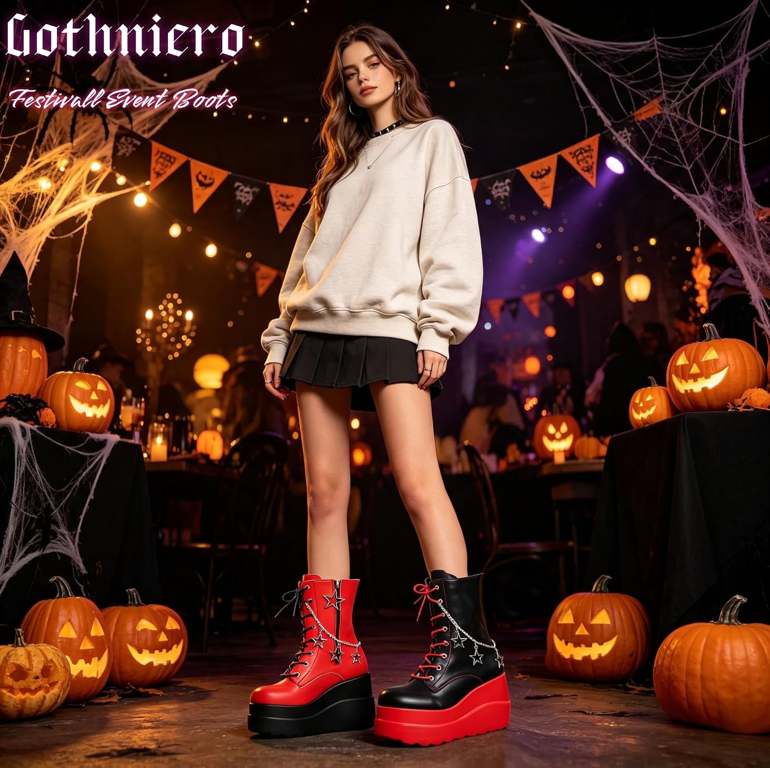 image:imageGothniero Platform Goth Boots for Womem Black Combat Motorcycle Rave Punk emo Boots Chunky Heel Ankle Booties with Side Zip Lace Up Wedge Booties US551101red